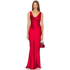 Norma Kamali Deep Drape Neck Gown in Tiger Red